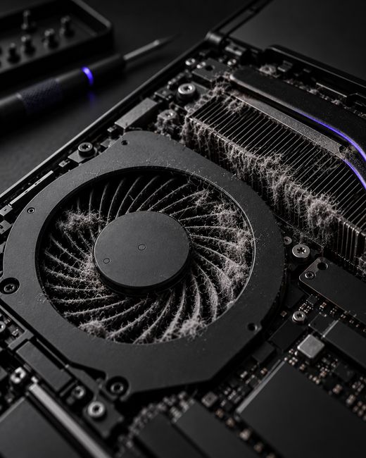 Illustration: a laptop cooling fan and heatsink fins clogged with dust