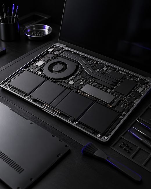 Illustration: an opened laptop on a dark bench, bottom cover removed, tools beside it