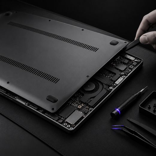 Illustration: lifting a laptop's bottom cover with a plastic pry tool
