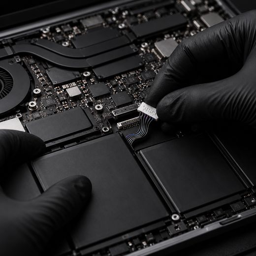 Illustration: gloved hands disconnecting a laptop battery connector