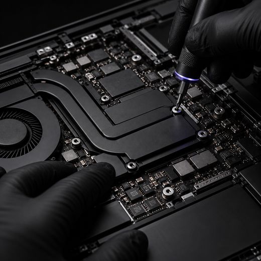 Illustration: unscrewing a laptop heatsink with a precision screwdriver