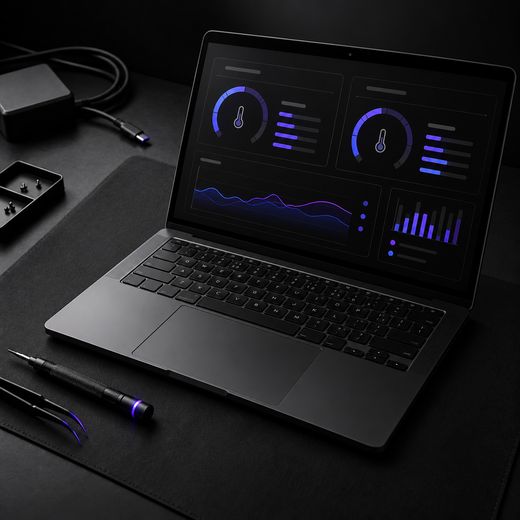 Illustration: a laptop screen showing temperature gauges after the clean-up