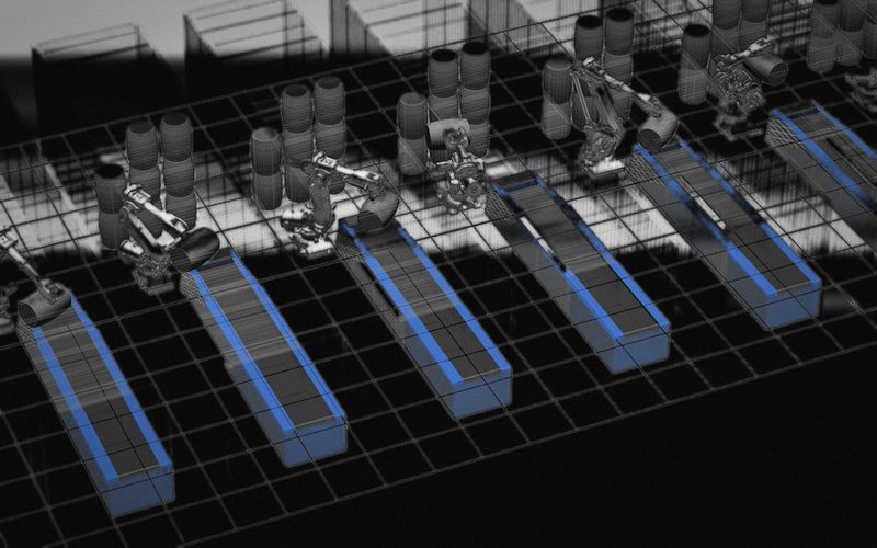 Simulation of a barrel destacking line with ten robots