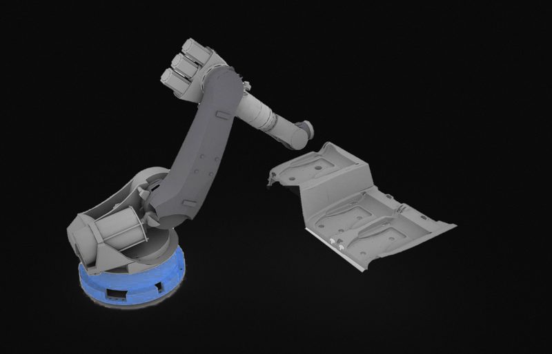 Perspective CAD render of a robot arm next to a pressed sheet-metal part, on black