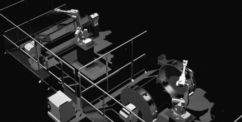 Simulation of a two-robot welding cell with positioners, dark-graded