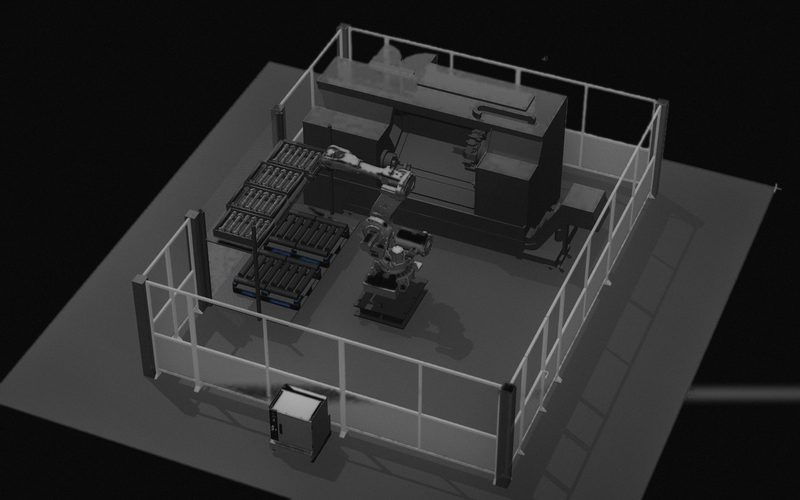 Simulation of a robot loading a CNC lathe from bar pallets