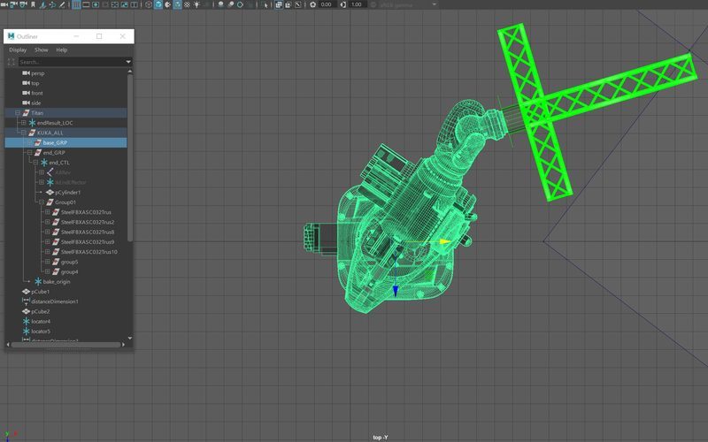 Maya top view of a robot with a truss-mounted tool, wireframe selected, outliner open