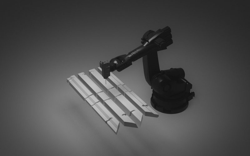 Render of a dark industrial robot beside a row of long pressed-metal parts, dark-graded