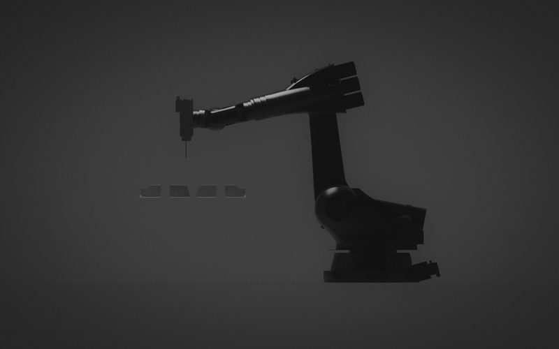 Render of a dark industrial robot holding a tool over small parts, side view, dark-graded