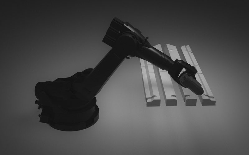 Render of a dark industrial robot reaching over four long pressed-metal parts, dark-graded