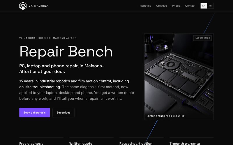 Screenshot of the bilingual Repair Bench page in the VX Machina identity