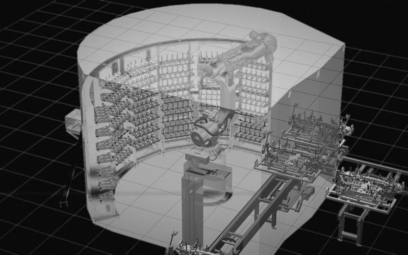 Safety zones around a large robot and its fixture racks