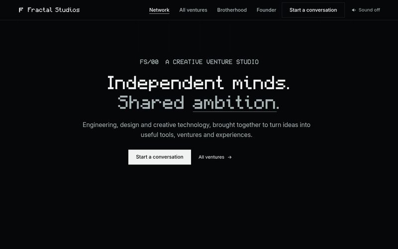 Screenshot of the Fractal Studios home page: pixel-type headline on a dark background