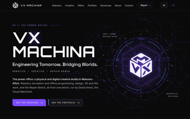Screenshot of the VX Machina home page: dark hero with the cube mark