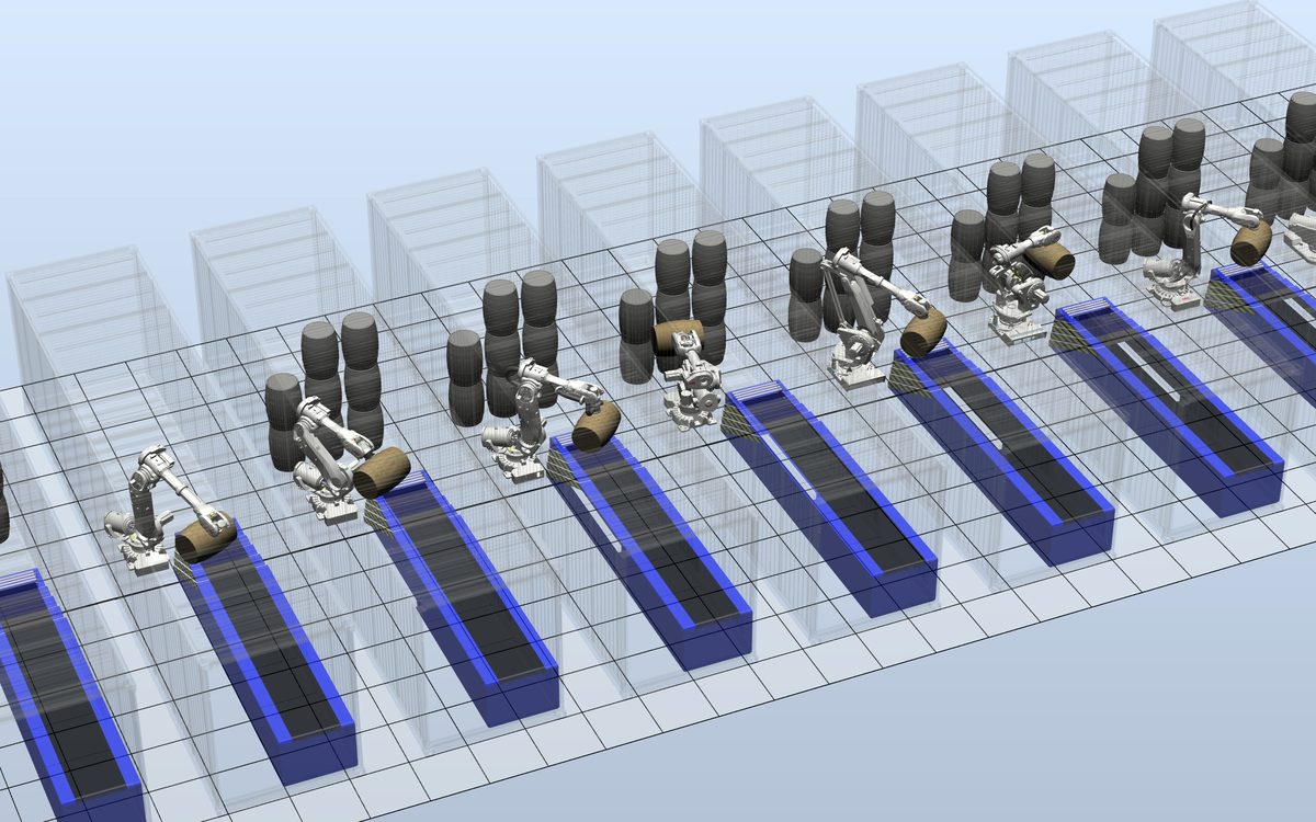 Ten ABB robots destacking barrels onto conveyors in a guarded line