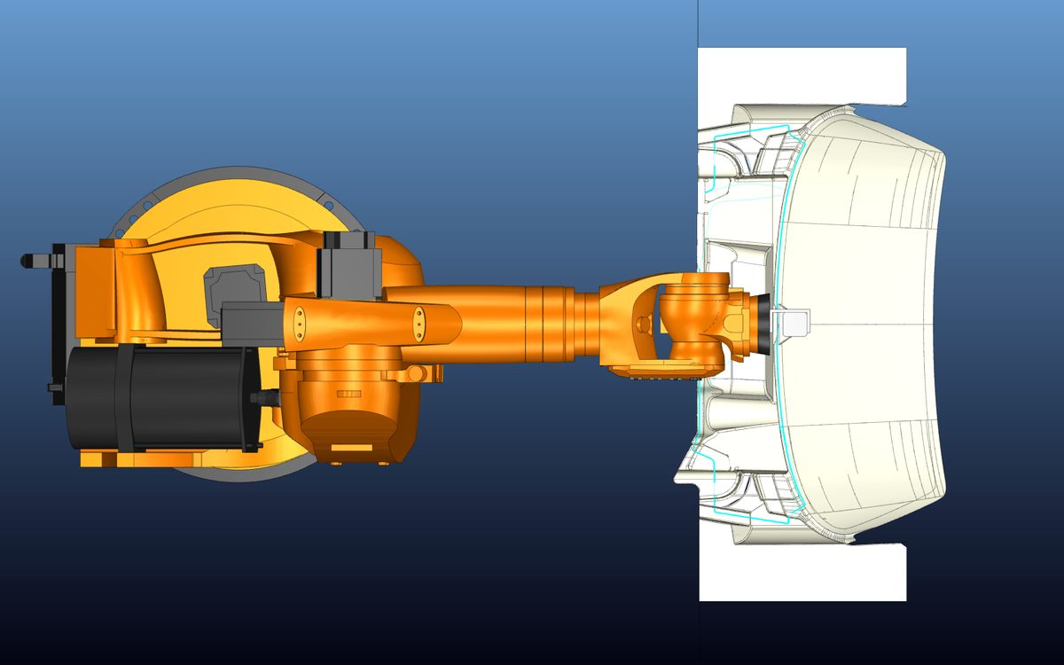 KUKA robot following a machining path around a moulded part in Robotmaster