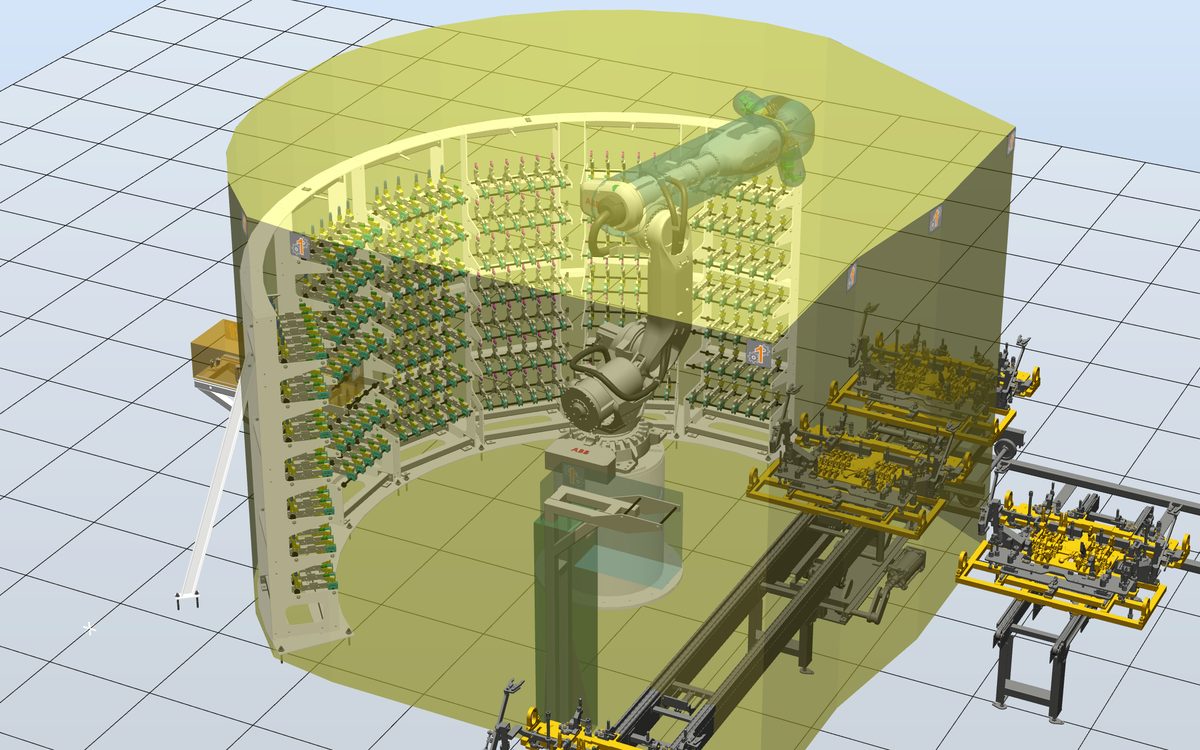 Large ABB robot surrounded by fixture racks, with its SafeMove safety zone shown in yellow